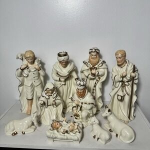 Vintage 10 Piece Miniature Nativity Set‎ White & Gold Porcelain.